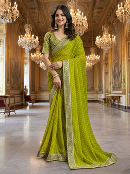 Akhilam - Women Georgette Light Green Printed Designer Saree with Unstitched Blouse