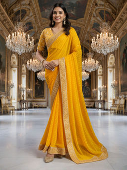 Akhilam - Women Georgette Yellow Printed Designer Saree with Unstitched Blouse