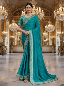 Akhilam - Women Georgette Teal green Printed Designer Saree with Unstitched Blouse