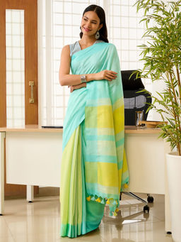 Teejh - Tej Women Turquoise Cotton Blend Colorblocked Saree with Unstitched Blouse