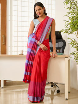 Teejh - Tej Women Red Cotton Blend Colorblocked Saree with Unstitched Blouse