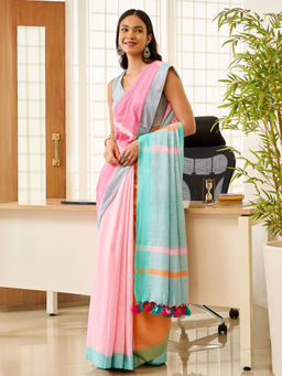 Teejh - Tej Women Green Cotton Blend Colorblocked Saree with Unstitched Blouse