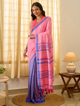 Teejh - Tej Women Blue Cotton Blend Colorblocked Saree with Unstitched Blouse