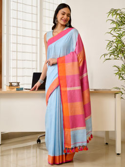 Teejh - Tej Women Blue Cotton Blend Colorblocked Saree with Unstitched Blouse