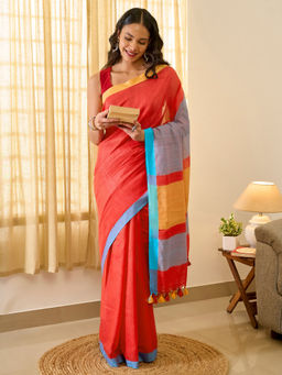 Teejh - Tej Women Red Cotton Blend Colorblocked Saree with Unstitched Blouse