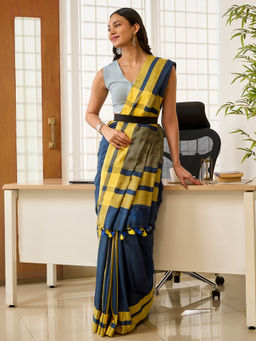 Teejh - Tej Women Navy Blue Cotton Blend Colorblocked Saree with Unstitched Blouse