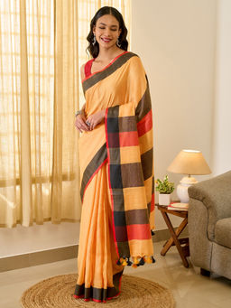 Teejh - Tej Women Peach Cotton Blend Colorblocked Saree with Unstitched Blouse