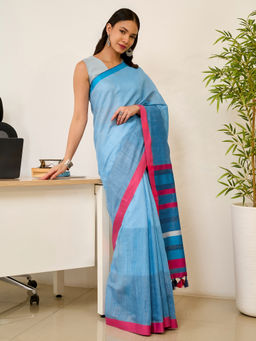 Teejh - Tej Women Navy Blue Cotton Blend Colorblocked Saree with Unstitched Blouse