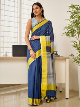 Teejh - Tej Women Navy Blue Cotton Blend Colorblocked Saree with Unstitched Blouse