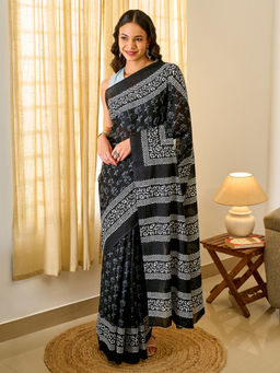 Teejh - Tej Women Black Cotton Printed Saree with Unstitched Blouse
