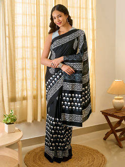 Teejh - Tej Women Black Cotton Printed Saree with Unstitched Blouse