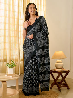 Teejh - Tej Women Black Cotton Printed Saree with Unstitched Blouse