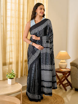 Teejh - Tej Women Black Cotton Printed Saree with Unstitched Blouse