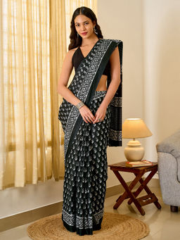 Teejh - Tej Women Black Cotton Printed Saree with Unstitched Blouse