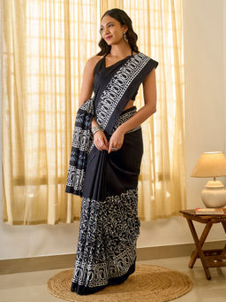 Teejh - Tej Women Black Cotton Printed Saree with Unstitched Blouse