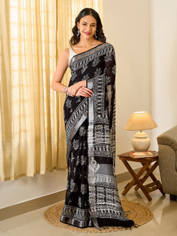 Teejh - Tej Women Black Linen Printed Saree with Unstitched Blouse