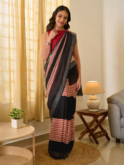 Teejh - Tej Women Red Linen Printed Saree with Unstitched Blouse