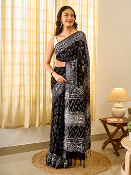 Teejh - Tej Women Black Linen Printed Saree with Unstitched Blouse