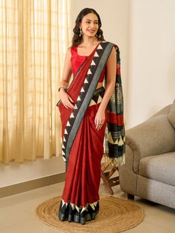 Teejh - Tej Women Red Linen Printed Saree with Unstitched Blouse