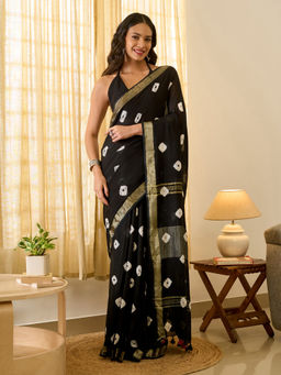 Teejh - Tej Women Black Linen Printed Saree with Unstitched Blouse