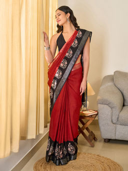 Teejh - Tej Women Red Linen Printed Saree with Unstitched Blouse