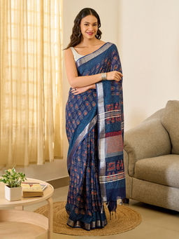 Teejh - Tej Women Indigo Linen Printed Saree with Unstitched Blouse