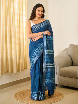 Teejh - Tej Women Indigo Linen Printed Saree with Unstitched Blouse