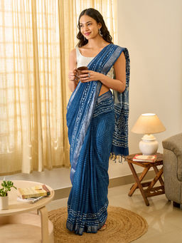 Teejh - Tej Women Indigo Linen Printed Saree with Unstitched Blouse