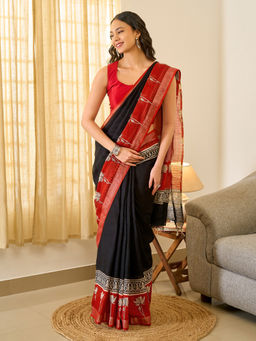 Teejh - Tej Women Black Linen Printed Saree with Unstitched Blouse