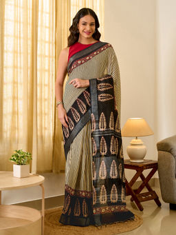 Teejh - Tej Women Beige Linen Printed Saree with Unstitched Blouse