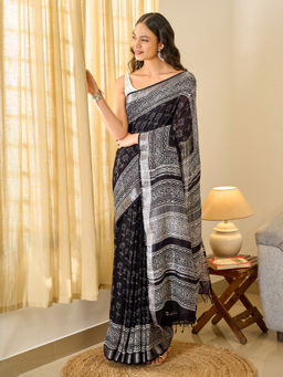 Teejh - Tej Women Black Linen Printed Saree with Unstitched Blouse