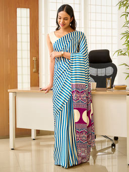 Teejh - Tej Women Blue Silk Blend Stripes Printed Saree with Unstitched Blouse