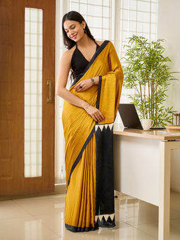Teejh - Tej Women Mustard Silk Blend Stripes Printed Saree with Unstitched Blouse