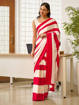 Teejh - Tej Women Red Silk Blend Colorblocked Saree with Unstitched Blouse