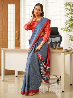 Teejh - Tej Women Navy Blue Silk Blend Stripes Printed Saree with Unstitched Blouse