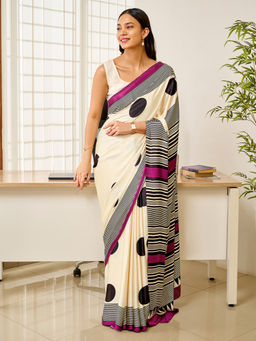 Teejh - Tej Women Cream Silk Blend Stripes Printed Saree with Unstitched Blouse