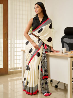 Teejh - Tej Women Cream Silk Blend Stripes Printed Saree with Unstitched Blouse