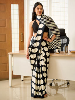 Teejh - Tej Women Cream Silk Blend Polka Dotted Saree with Unstitched Blouse