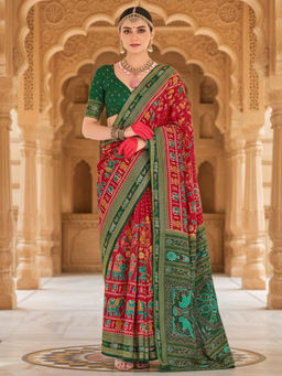 Akhilam - Women Silk Blend Red Printed Designer Saree with Unstitched Blouse