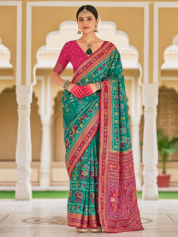 Akhilam - Women Silk Blend Light Blue Printed Designer Saree with Unstitched Blouse