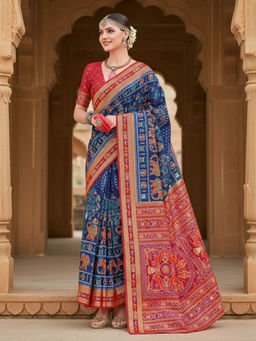 Akhilam - Women Silk Blend Navy Blue Printed Designer Saree with Unstitched Blouse