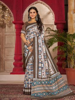 Garden VARELI - Women Brown Abstract Printed Crepe Saree Without Blouse