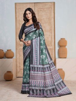 Garden VARELI - Women Green Geometric Printed Art Silk Saree Without Blouse