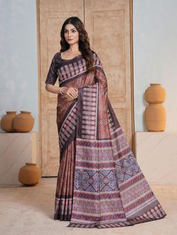 Garden VARELI - Women Brown Printed Art Silk Saree With Unstitched Blouse