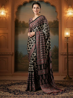 Akhilam - Women Crepe Black Printed Designer Saree with Unstitched Blouse