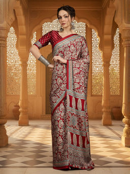 Akhilam - Women Pure Crepe Red Printed Designer Saree with Unstitched Blouse