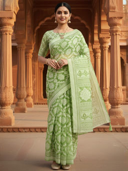 Akhilam - Women Brasso Green Printed Designer Saree with Unstitched Blouse