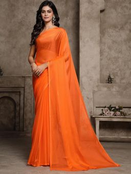 Garden VARELI - Women Orange Solid Chiffon Saree Without Blouse