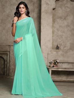Garden VARELI - Women Turquoise Solid Chiffon Saree Without Blouse