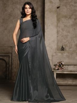 Garden VARELI - Women Charcoal Solid Chiffon Saree Without Blouse